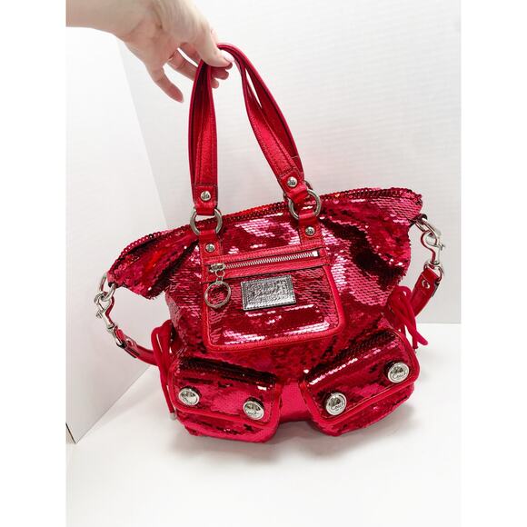 Coach Poppy Red Sequin Glam Tote Shoulder Bag Crossbody Rare - Picture 4 of 16